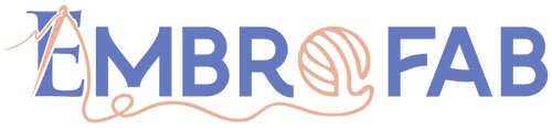 Logo of Embro Fab with yarn ball and needle design on a white background